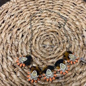 Chunky Flower Petals Tigers Eye Pendants Silver Tone Collar Statement Necklace